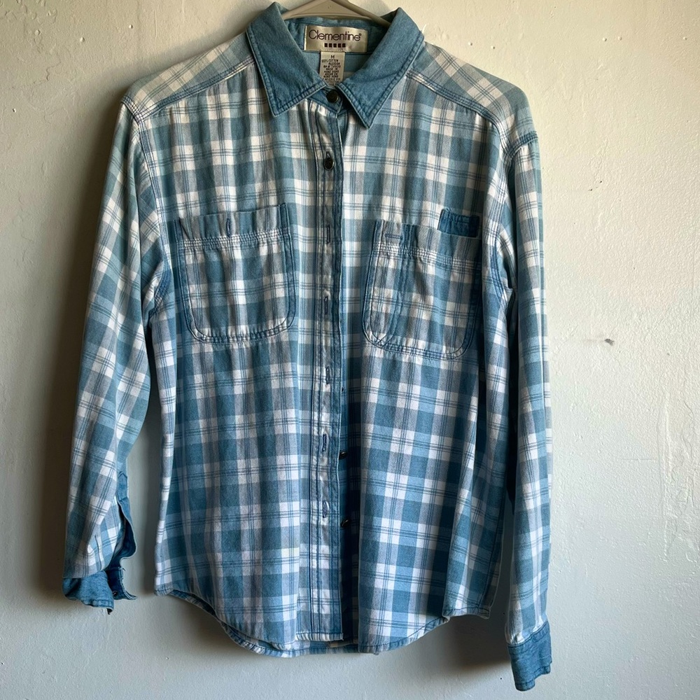 Clementine, light blue and white button down shirt. Size medium